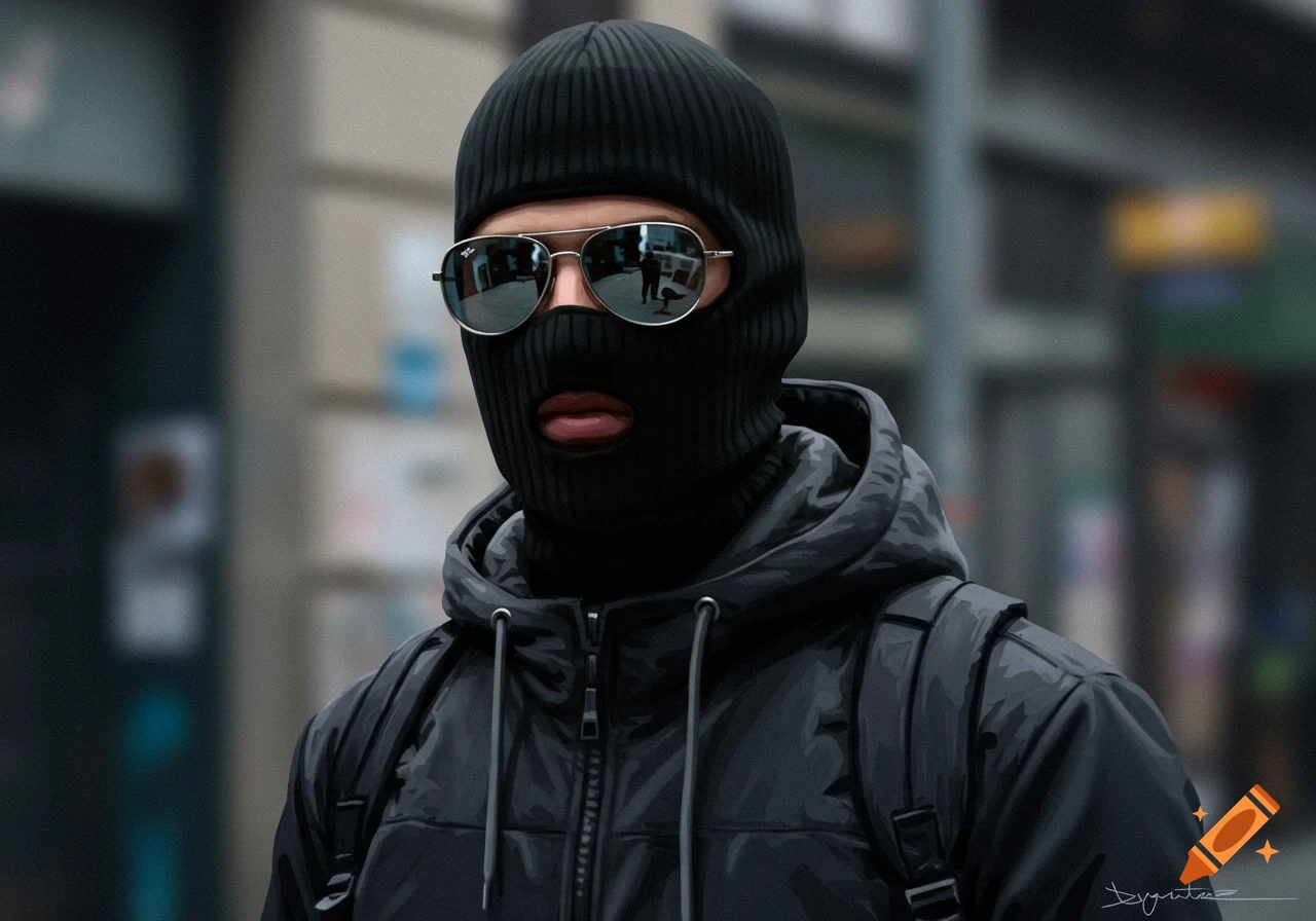 A person wearing a black balaclava, silver sunglasses, and a black jacket, standing on a street.