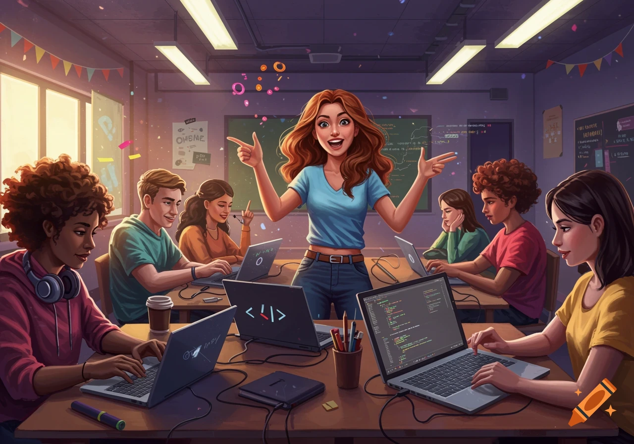 Students and teacher happily coding in a classroom.