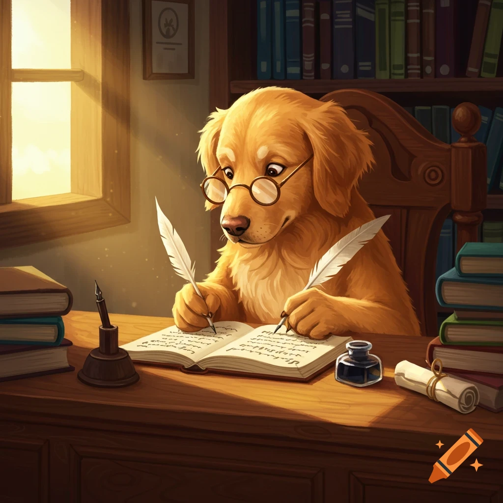Golden retriever in glasses writing in a book with two quills at a desk in a library, illustration.
