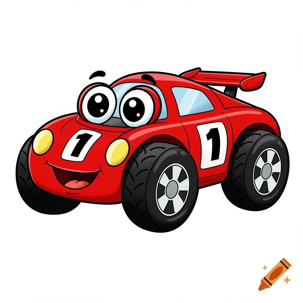 Cartoon red race car with big eyes and the number 1
