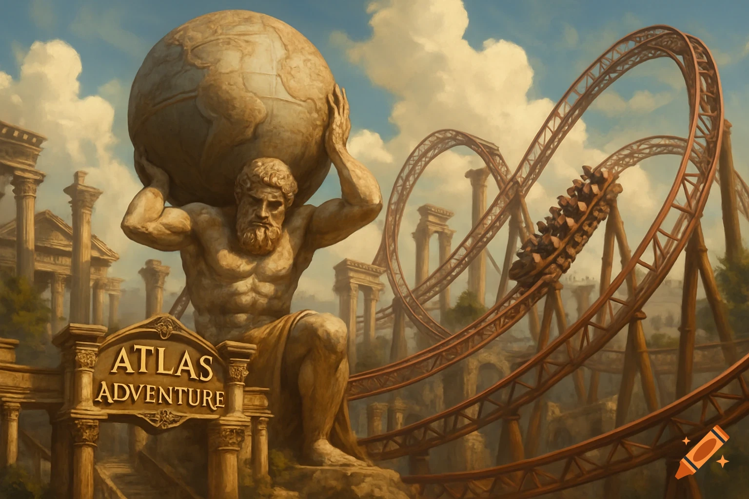 Atlas holding the earth near a rollercoaster and Greek ruins with an 'Atlas Adventure' sign.