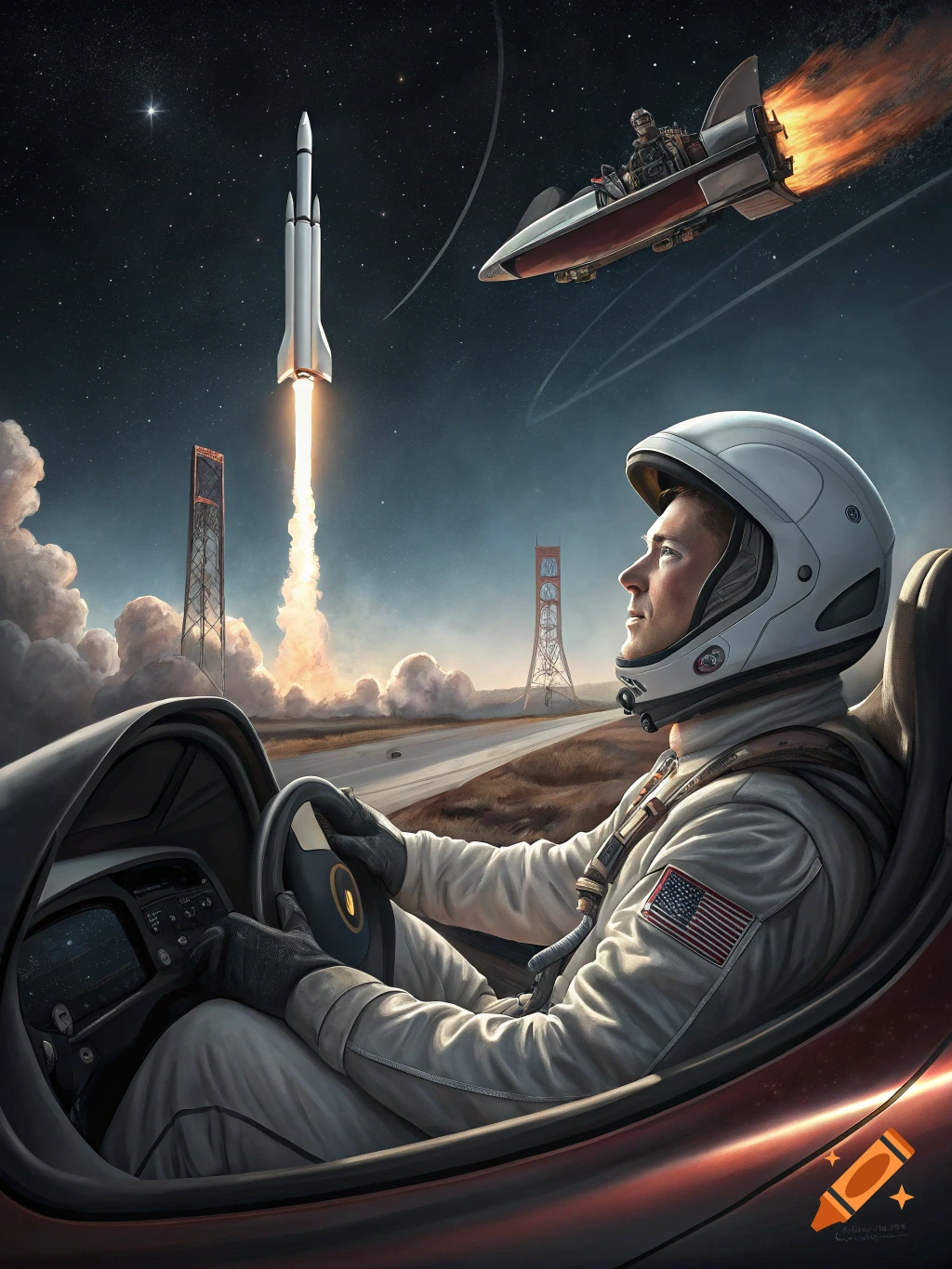 An astronaut in a race car watches a rocket launch under a star-filled ...