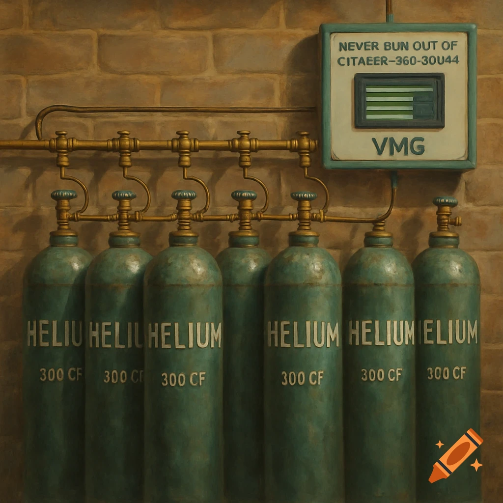 Row of green helium gas cylinders connected to a brass manifold and monitor on a brick wall in a painterly style.