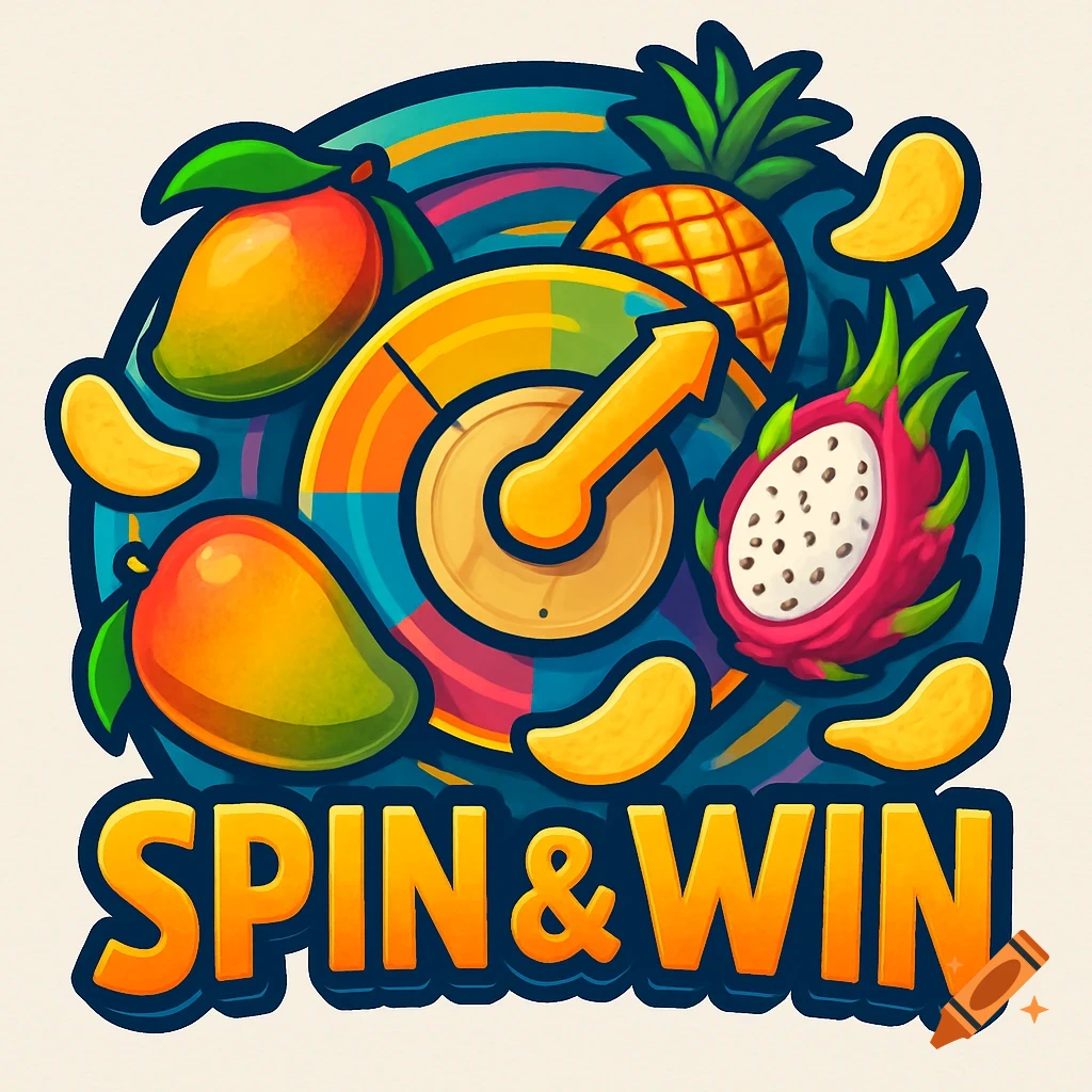 Logo with tropical fruits, a spinner, and 'SPIN & WIN' text