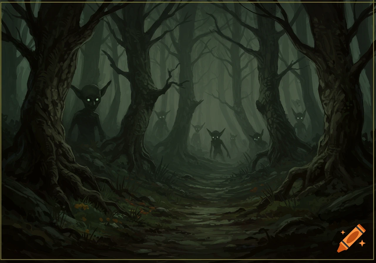 Dark fantasy illustration of goblins with glowing eyes in a creepy forest