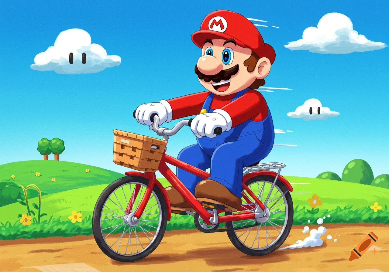 Mario rides a red bicycle with a basket through a sunny, cartoony landscape