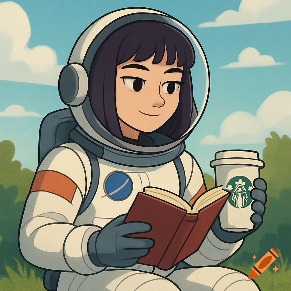 Animated illustration of an astronaut sitting outdoors, reading a book and holding a Starbucks cup.