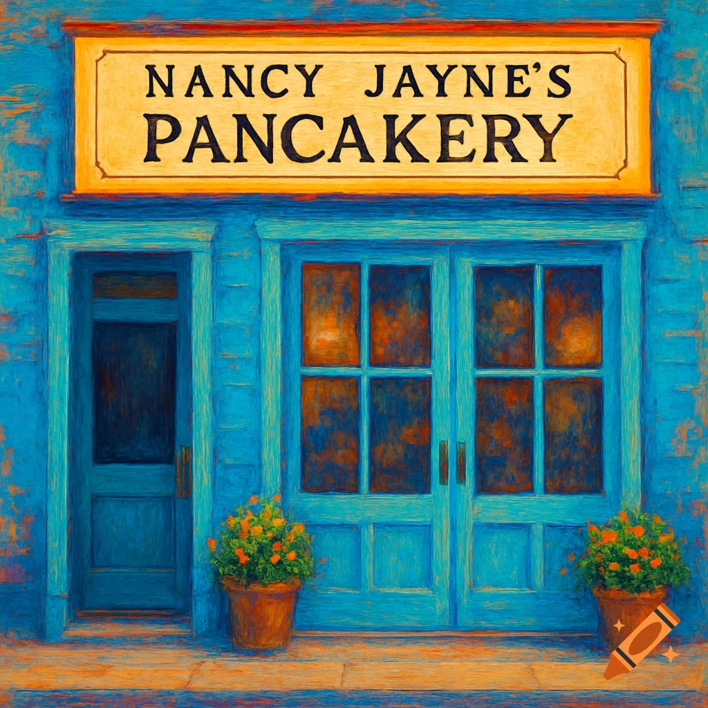 Painterly image of a blue storefront for Nancy Jayne's Pancakery with two French doors and a single door.