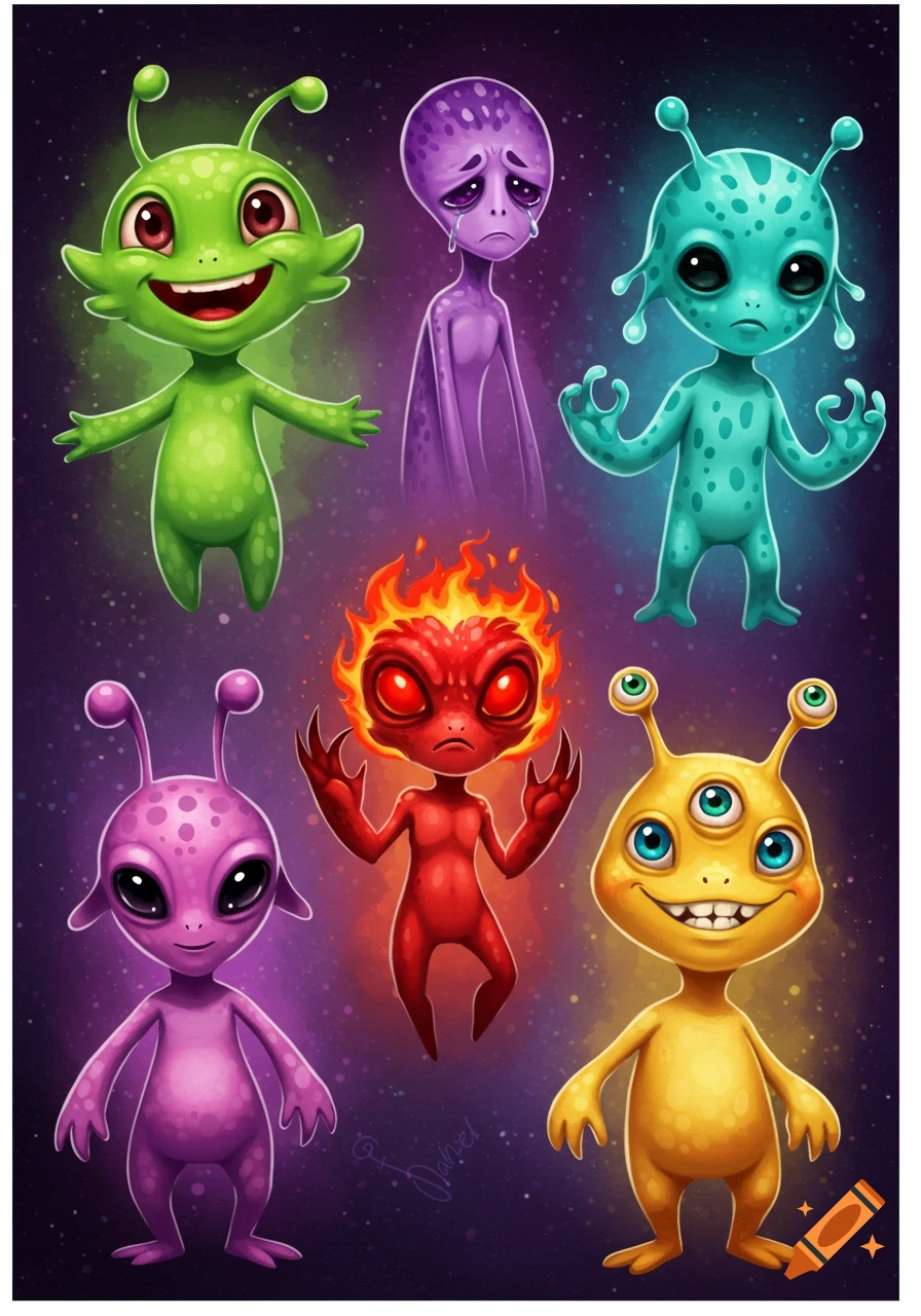 Six colorful cartoon aliens showing different emotions in space.