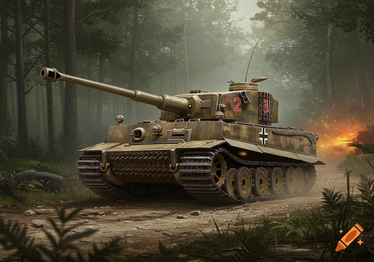 A German Tiger tank drives through a forest with distant explosions.