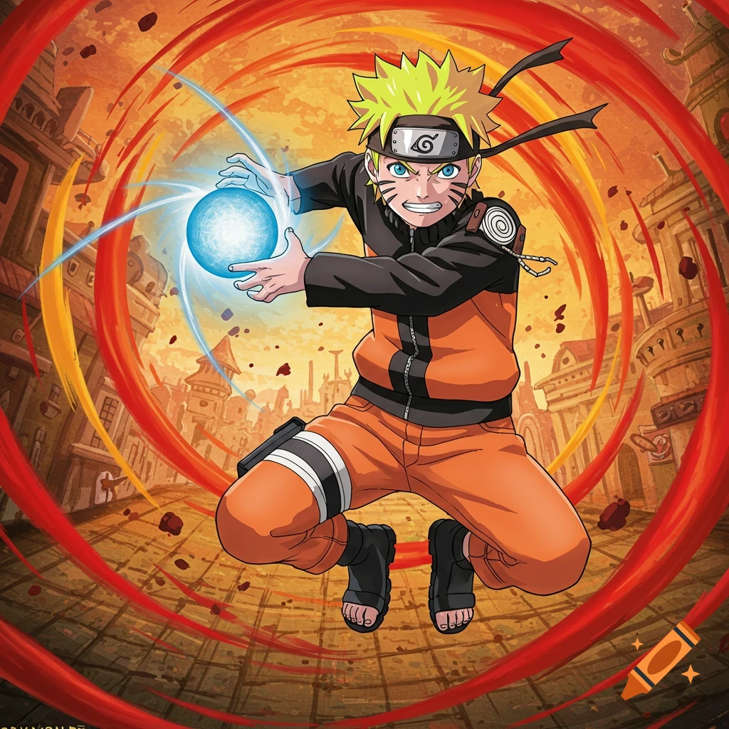Anime illustration of Naruto jumping and forming a blue energy sphere (Rasengan) in front of buildings and a swirling background.