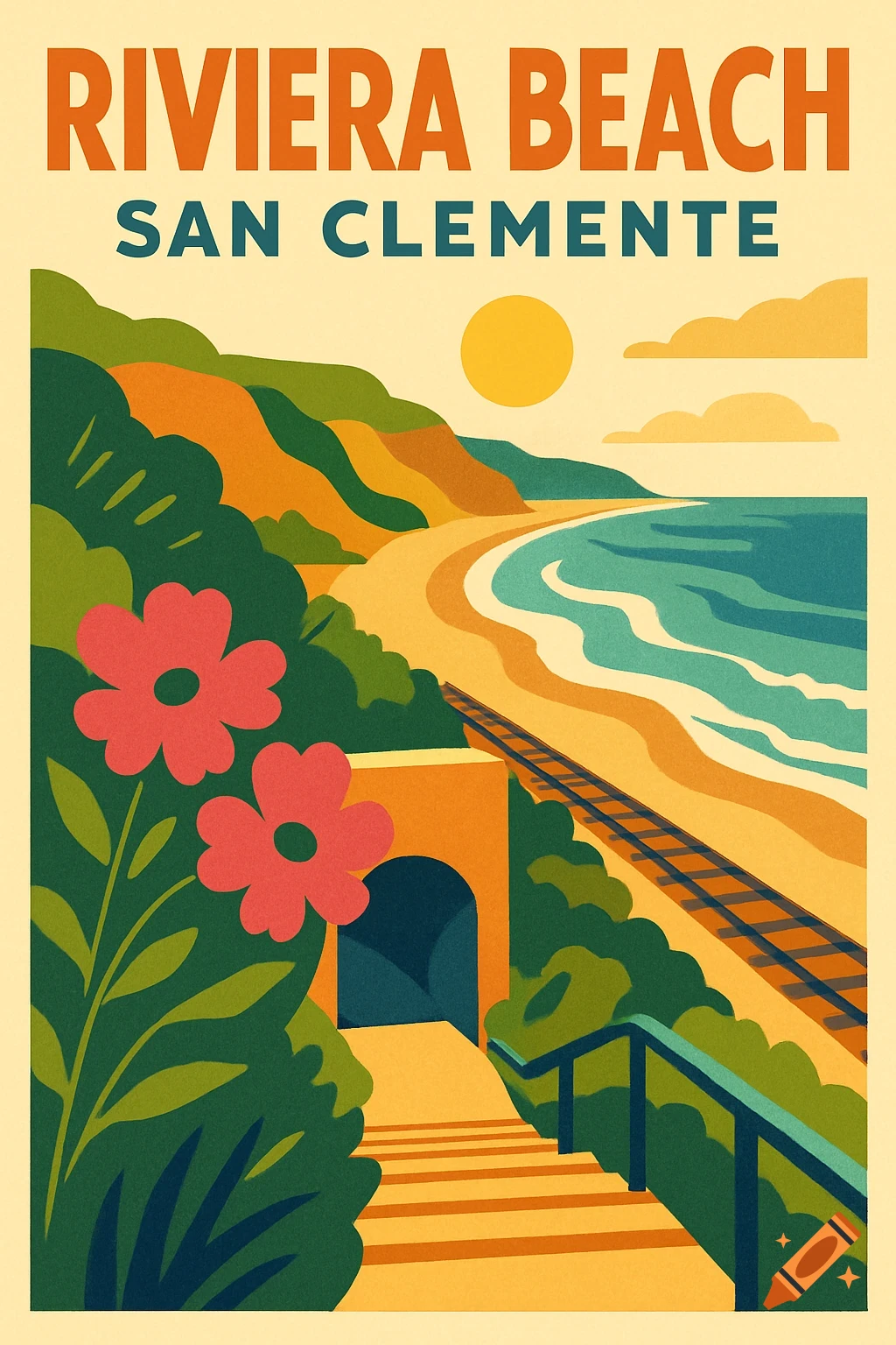Retro style travel poster of Riviera Beach, San Clemente with beach, train tracks, and tunnel entrance.