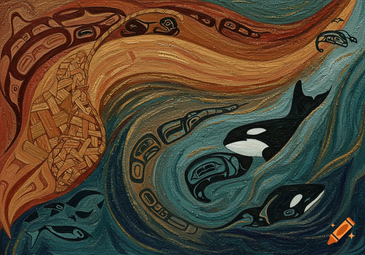Salish art painting of whales and abstract forms in swirling ocean