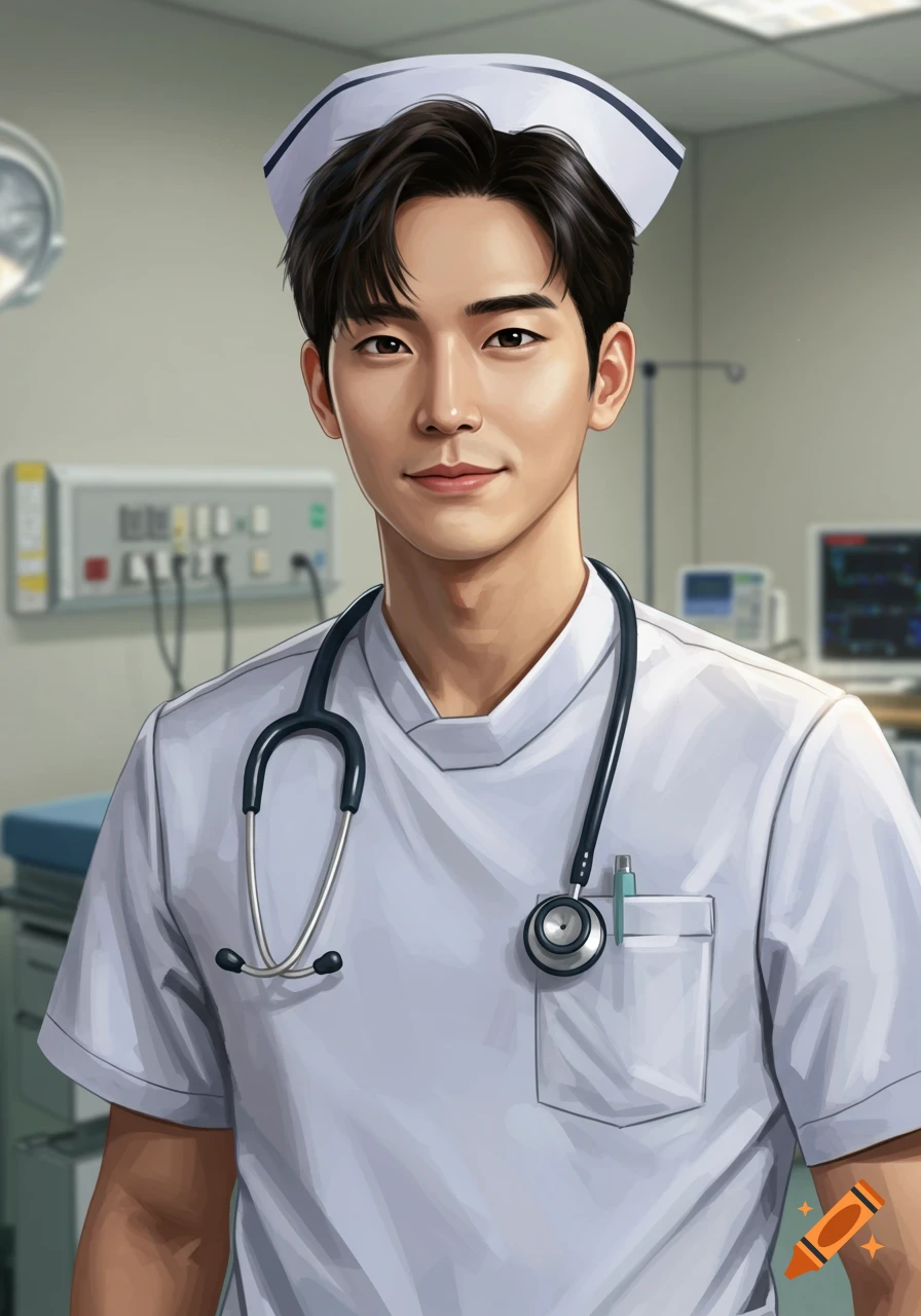 Portrait of a male nurse wearing a cap and stethoscope in a hospital room.
