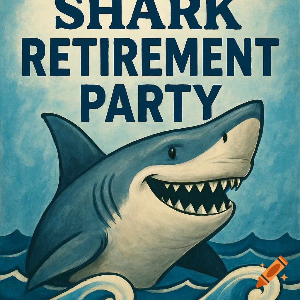 A smiling cartoon shark swims in blue waves under text reading 'SHARK RETIREMENT PARTY' in a retro illustration style.