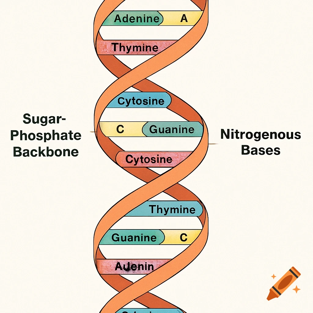 Diagram of a DNA double helix showing the sugar-phosphate backbone and nitrogenous bases Adenine, Thymine, Cytosine, Guanine.