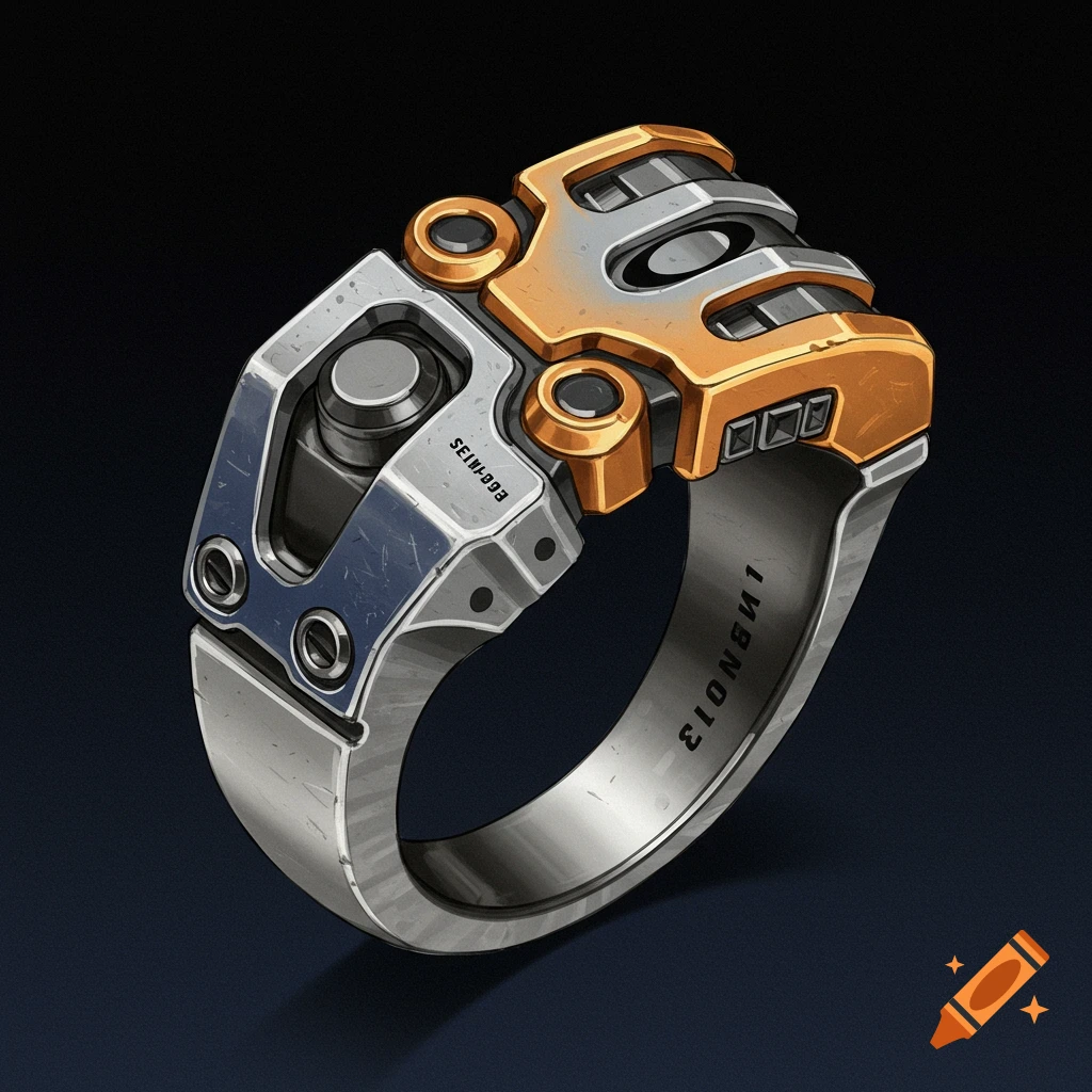 Close-up of a detailed sci-fi mechanical ring on a dark background.