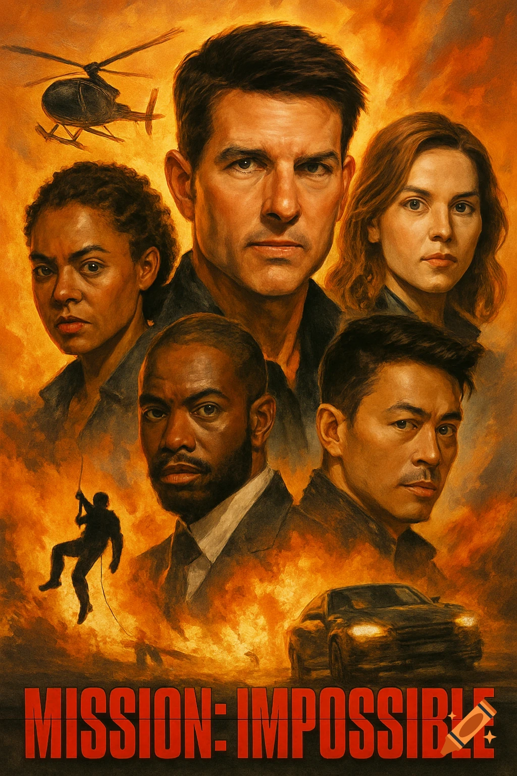 Movie poster collage featuring multiple actors' faces, helicopter, car, rappeller, and the title 'MISSION: IMPOSSIBLE'.