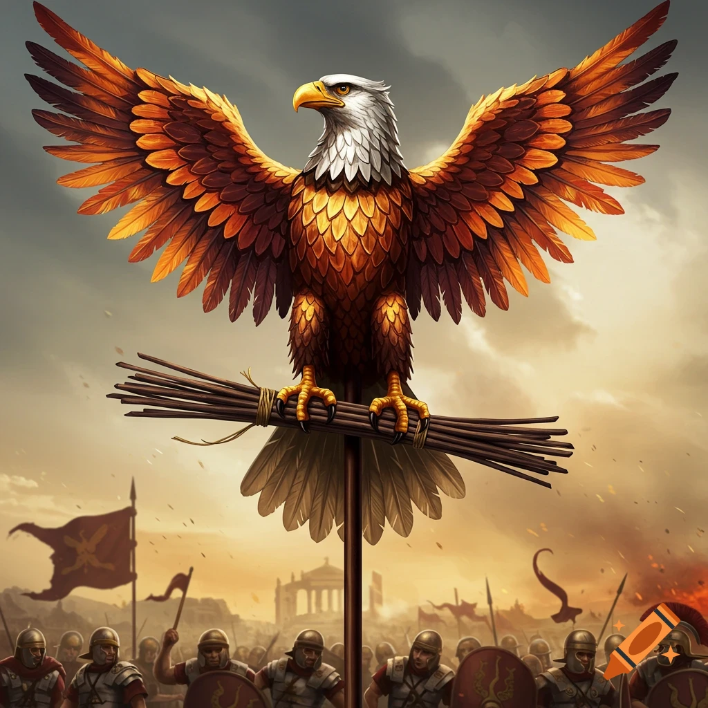 Golden eagle standard held high above Roman soldiers in a battle scene