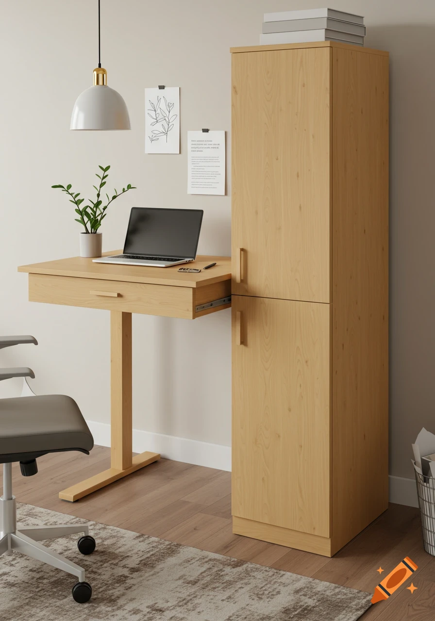 Modern wooden standing desk with drawer and cupboard in a room with a chair, rug, plant, and wall art.