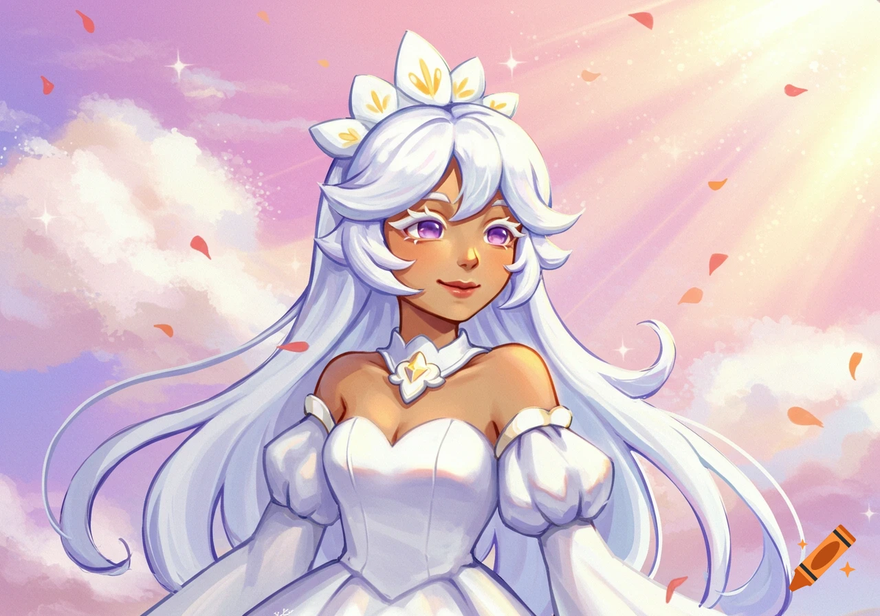 Cartoon portrait of White Lily Cookie, a female character with long white hair in a white dress and flower crown, against a cloudy sky.
