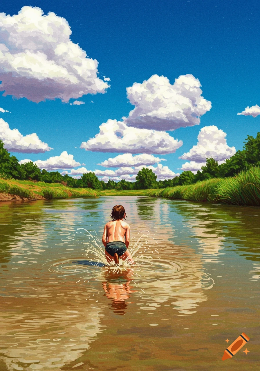 Person splashing in a river with trees, grass, and clouds in a painterly style.