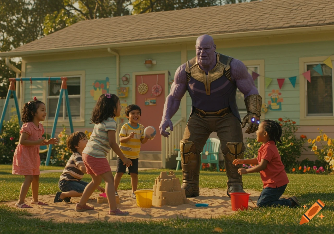 Thanos plays with children in a sandbox outside a colorful building.