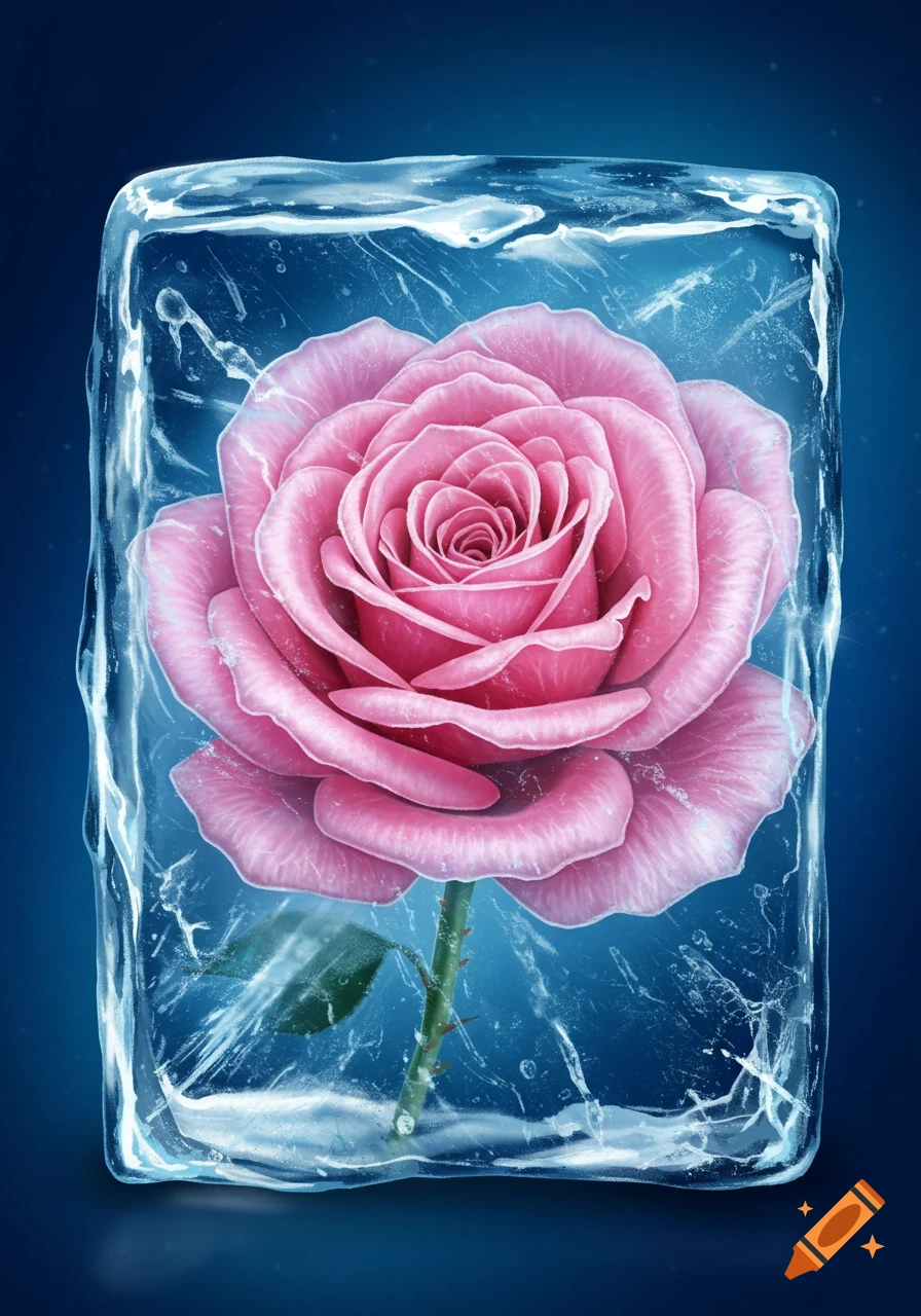 A vibrant pink rose is encased in a block of clear ice.