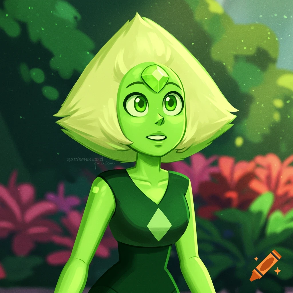 Illustration of Peridot from Steven Universe looking surprised in a garden setting.