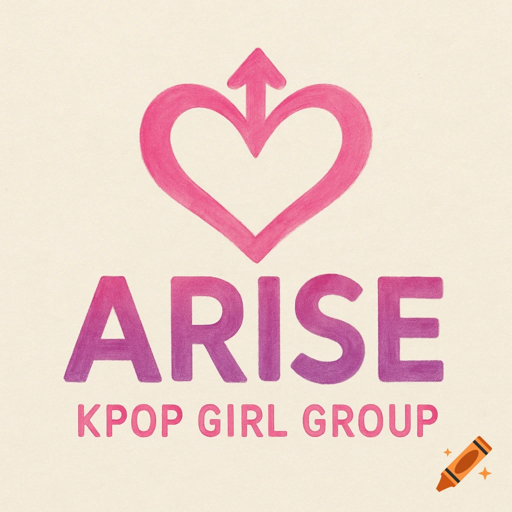 Logo for K-pop group ARISE with pink heart symbol, colored pencil style