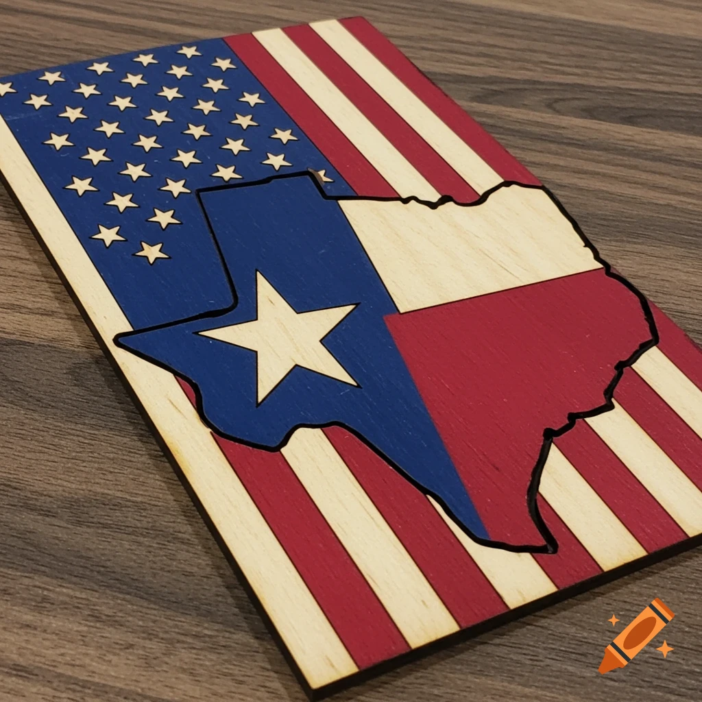 Wooden laser-cut craft item combining the US flag and the state of Texas.