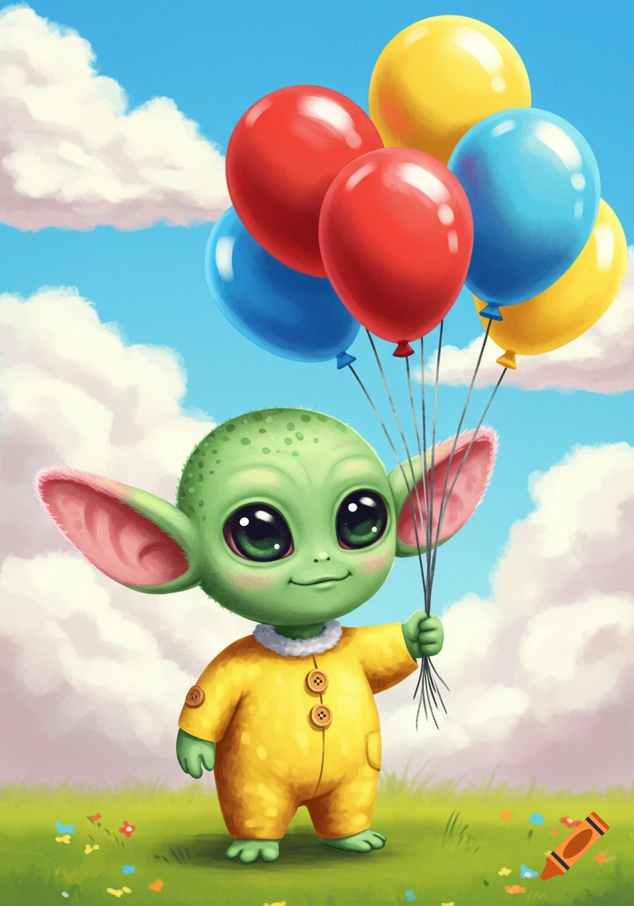 Cute green alien holding red, blue, and yellow balloons in a field under a cloudy sky.