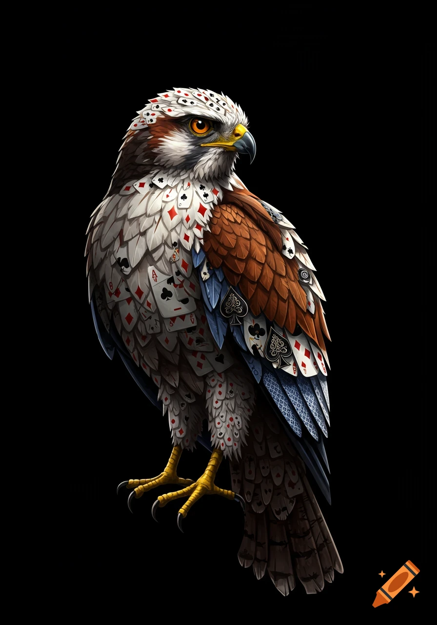 A hawk with feathers made of playing cards against a black background.