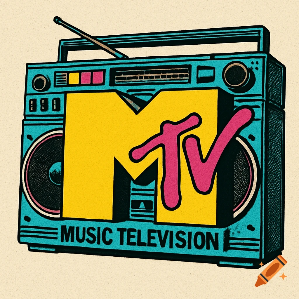 Vintage blue boombox with the MTV logo and 'MUSIC TELEVISION' text.