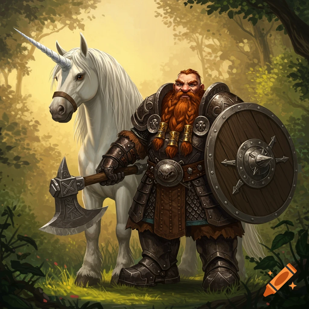 A fantasy illustration of a bearded dwarven warrior with an axe and shield standing next to a white unicorn in a sunlit forest.