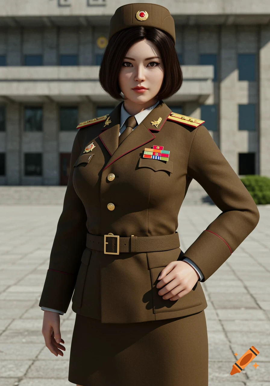 A woman in a military uniform stands in front of a building.