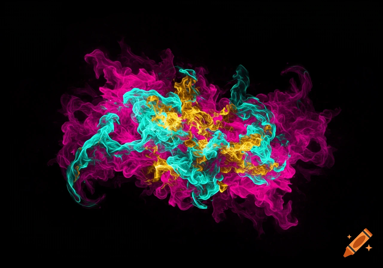Abstract smoke shapes in pink, teal, and yellow on a black background.