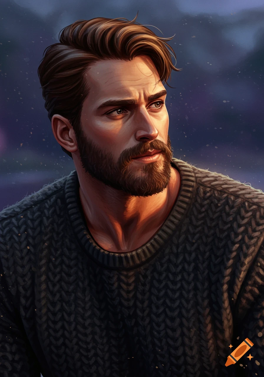 Digital painting of a man with a beard wearing a sweater, looking off-frame.