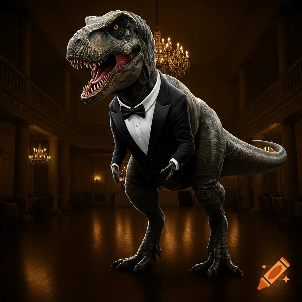 A Tyrannosaurus Rex wearing a black tuxedo and bow tie stands in a grand ballroom.