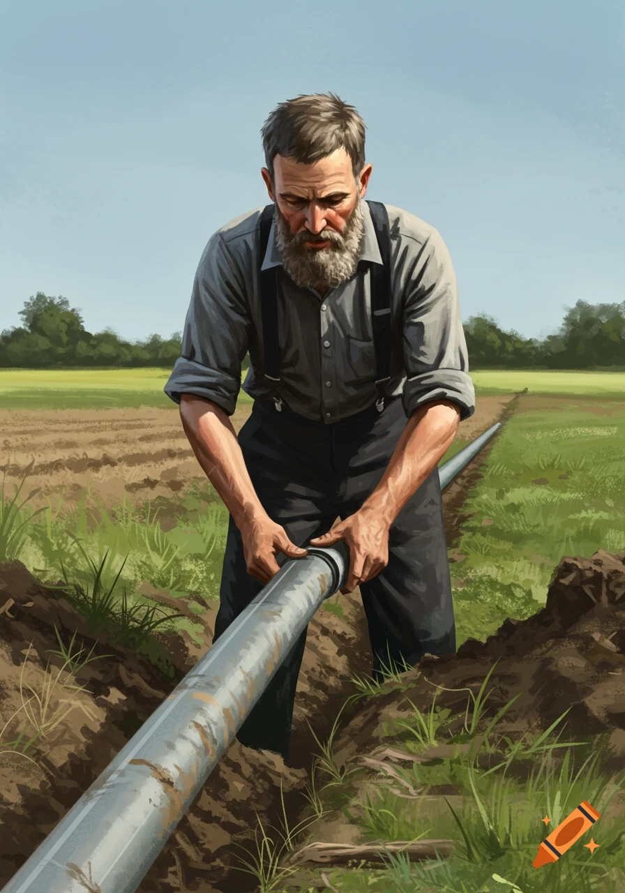 An older man in suspenders works to lay a pipe in a rural field under a blue sky, painted style.