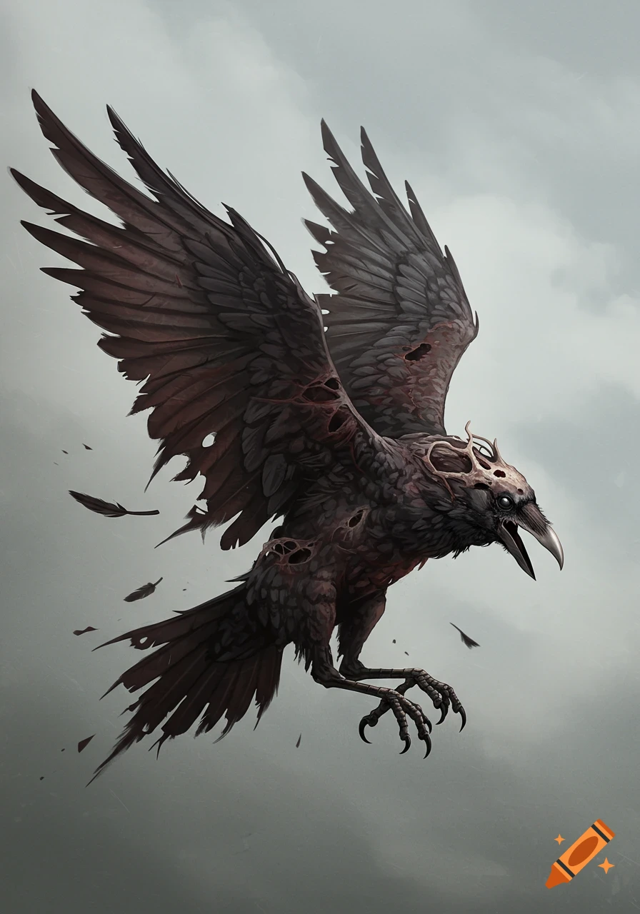 Digital painting of a decaying crow with ragged wings and skeletal face ...