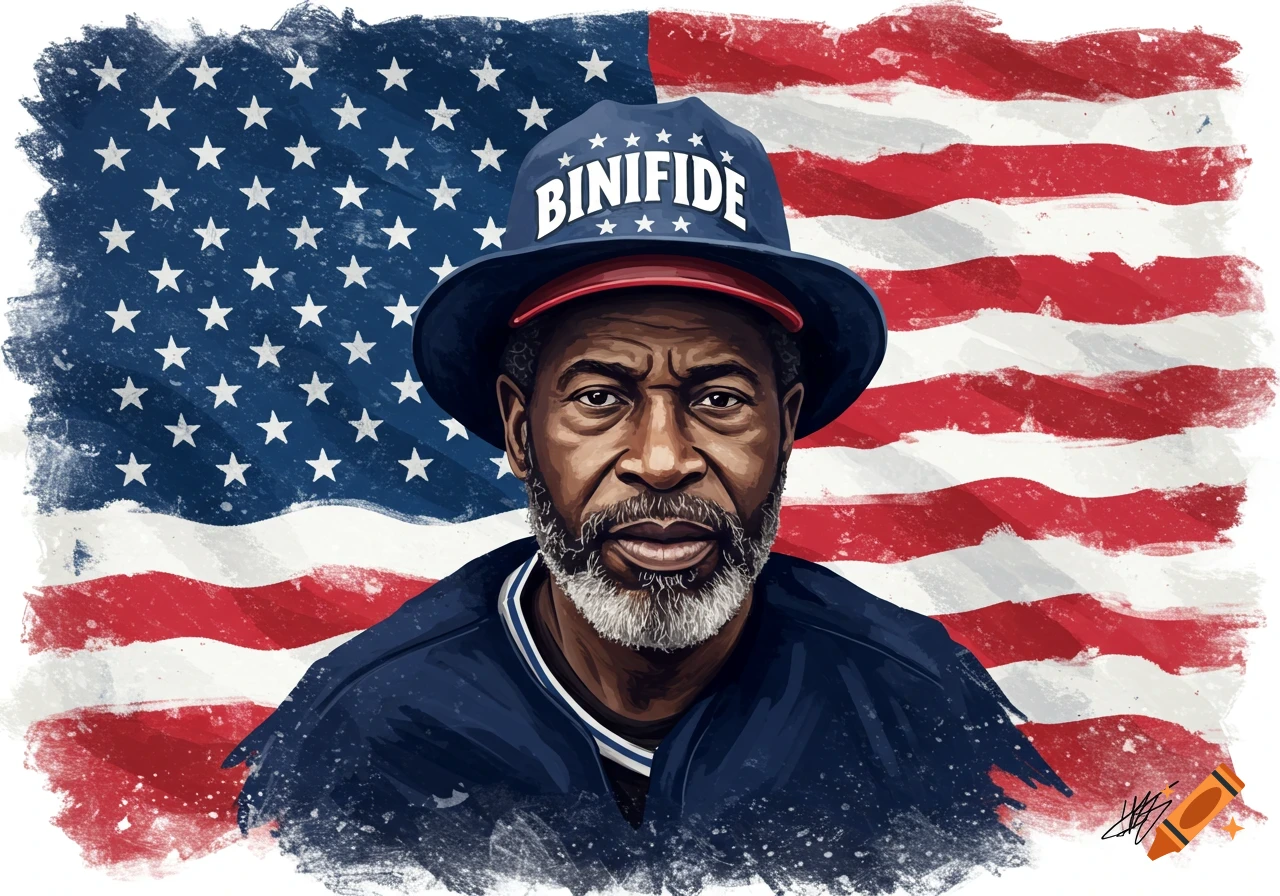 Stylized illustration of a man wearing a BINIFIDE hat against an American flag.