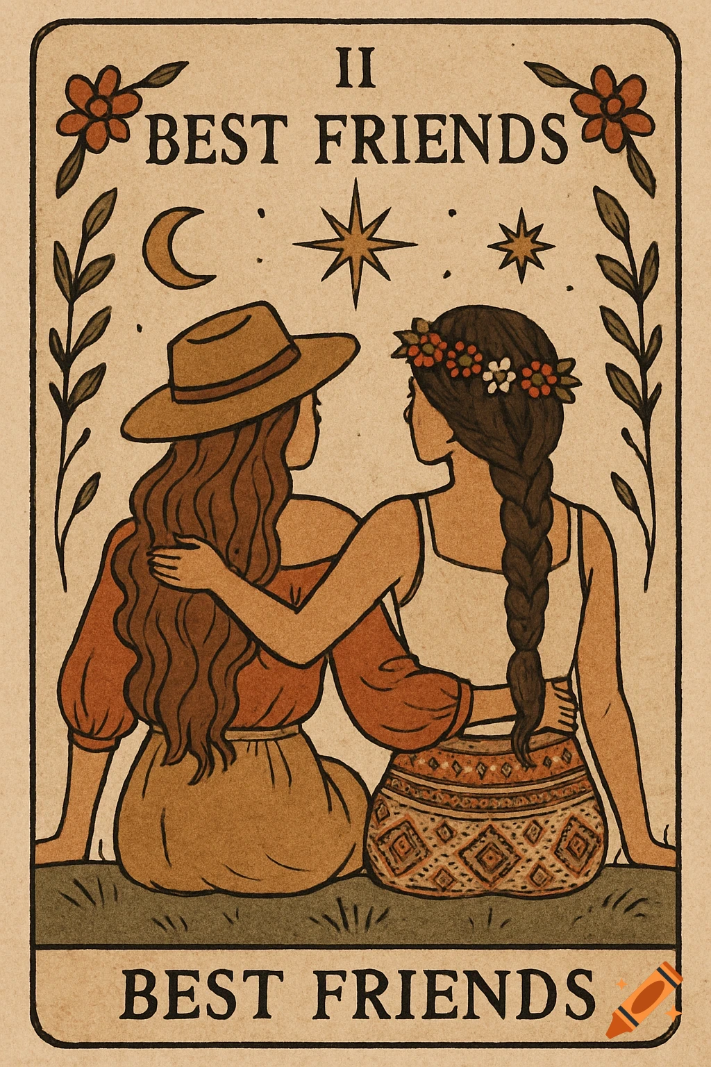 Tarot card style illustration of two women embracing, labeled "II BEST FRIENDS".