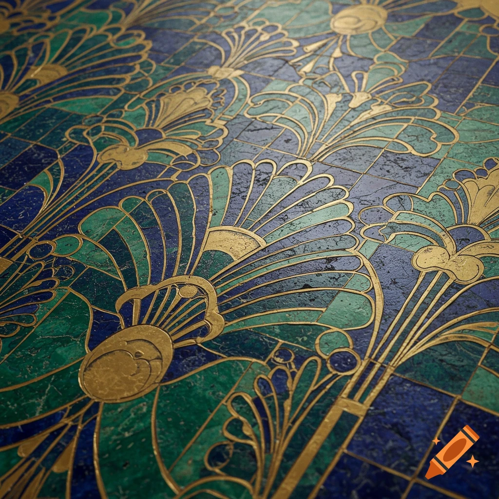 Close-up of a geometric Art Deco mosaic pattern in gold, blue, and green.