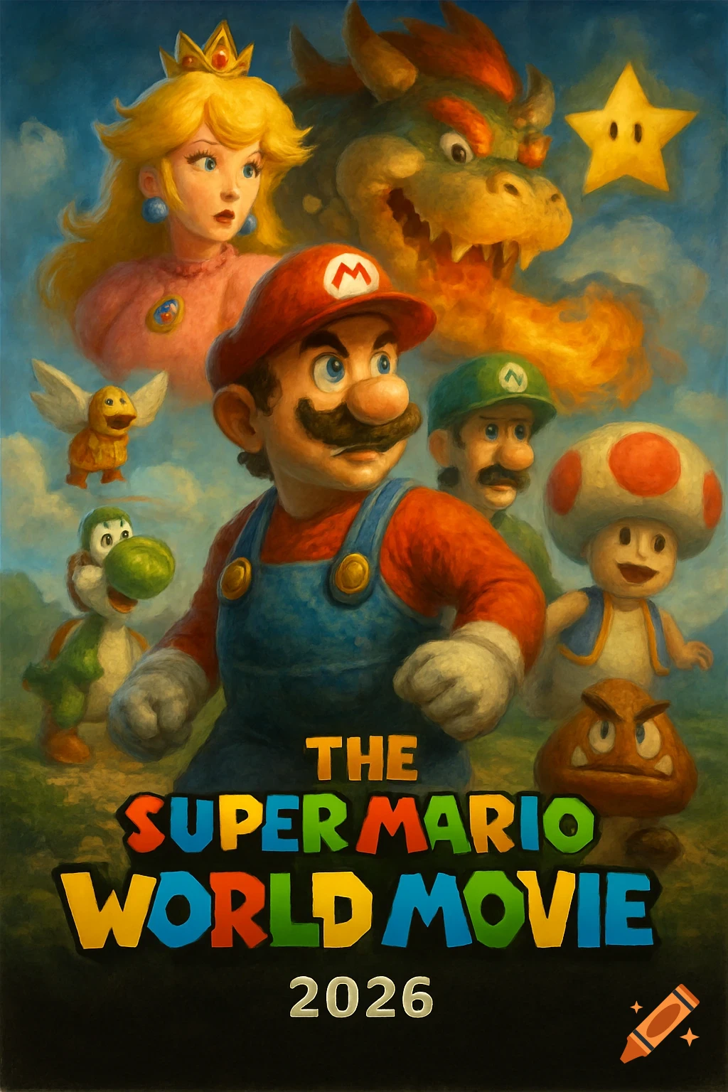 The Super Mario World Movie poster featuring Mario, Luigi, Peach, Bowser, Yoshi, and other characters in a painted style.