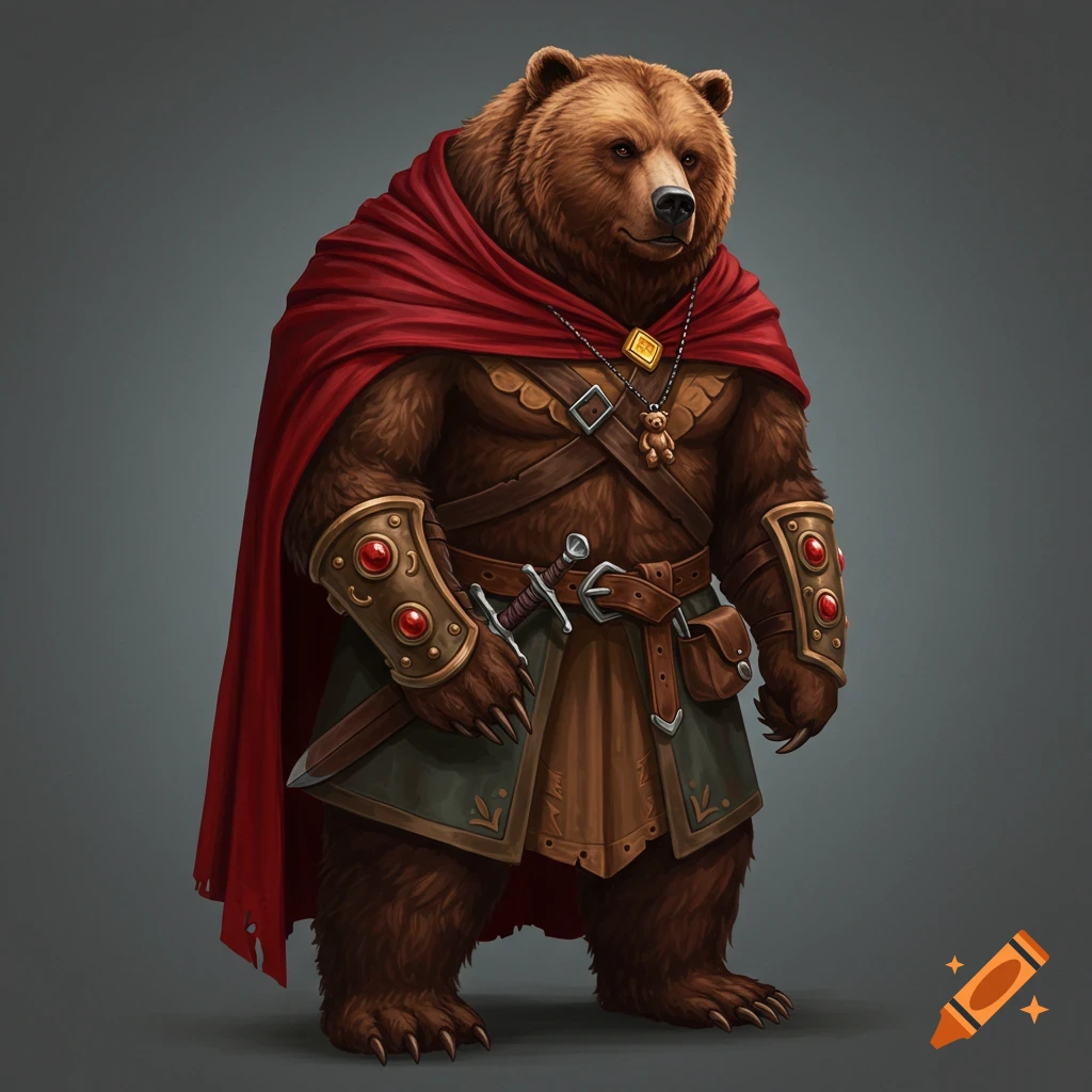 Brown bear character in D&D fantasy armor, wearing a red cape and necklace.