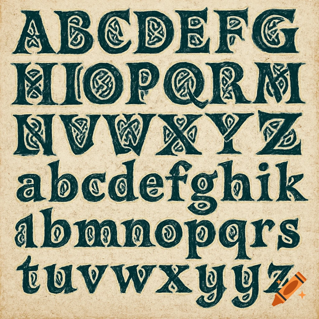 English alphabet, uppercase and lowercase, stylized with Celtic knotwork on a textured background.