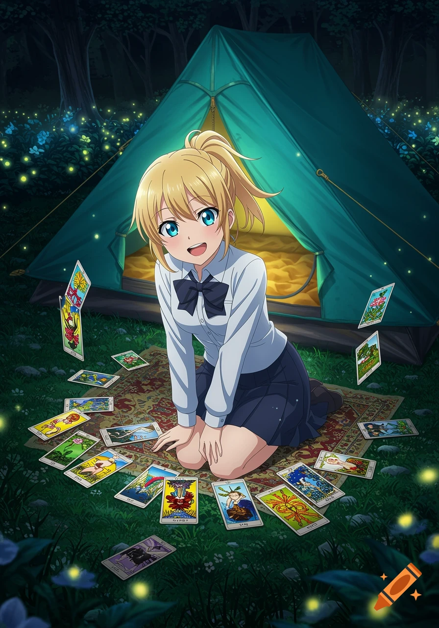 Anime girl kneeling in front of a tent surrounded by tarot cards in a forest at night.
