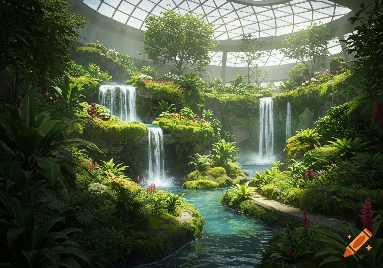Lush indoor garden with multiple waterfalls, a stream, and abundant greenery under a domed glass ceiling.