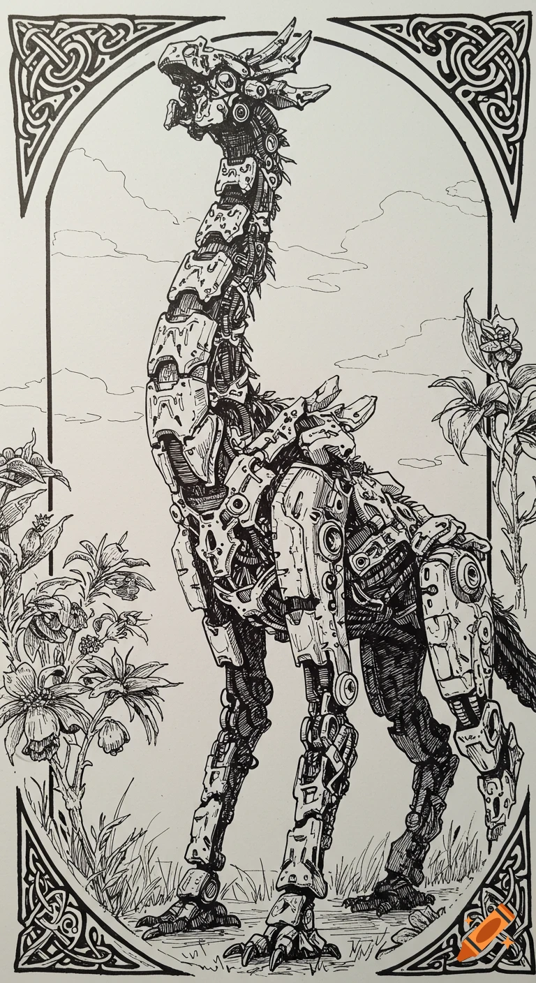 A pen drawing of a large mechanical creature resembling a giraffe within a decorative viking-style border.